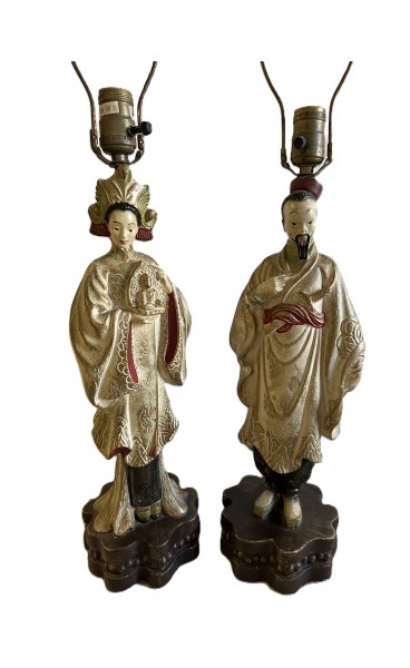 Pair of Vintage Asian Chalkware Table Lamps