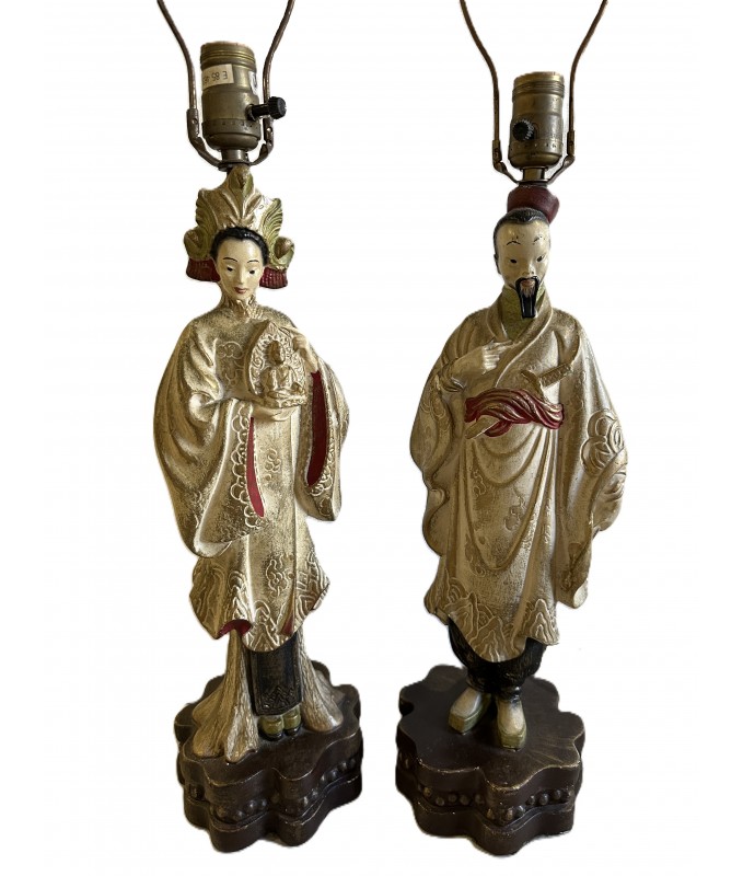 Pair of Vintage Asian Chalkware Table Lamps